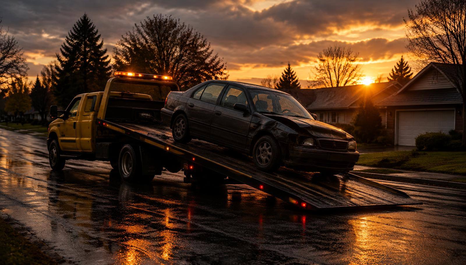 Yellow flatbed tow truck loading a damaged sedan at sunset